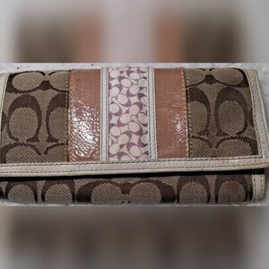 Coach Signature Patchwork Long Wallet Brown Canvas Pink Patent Leather Snap Chec